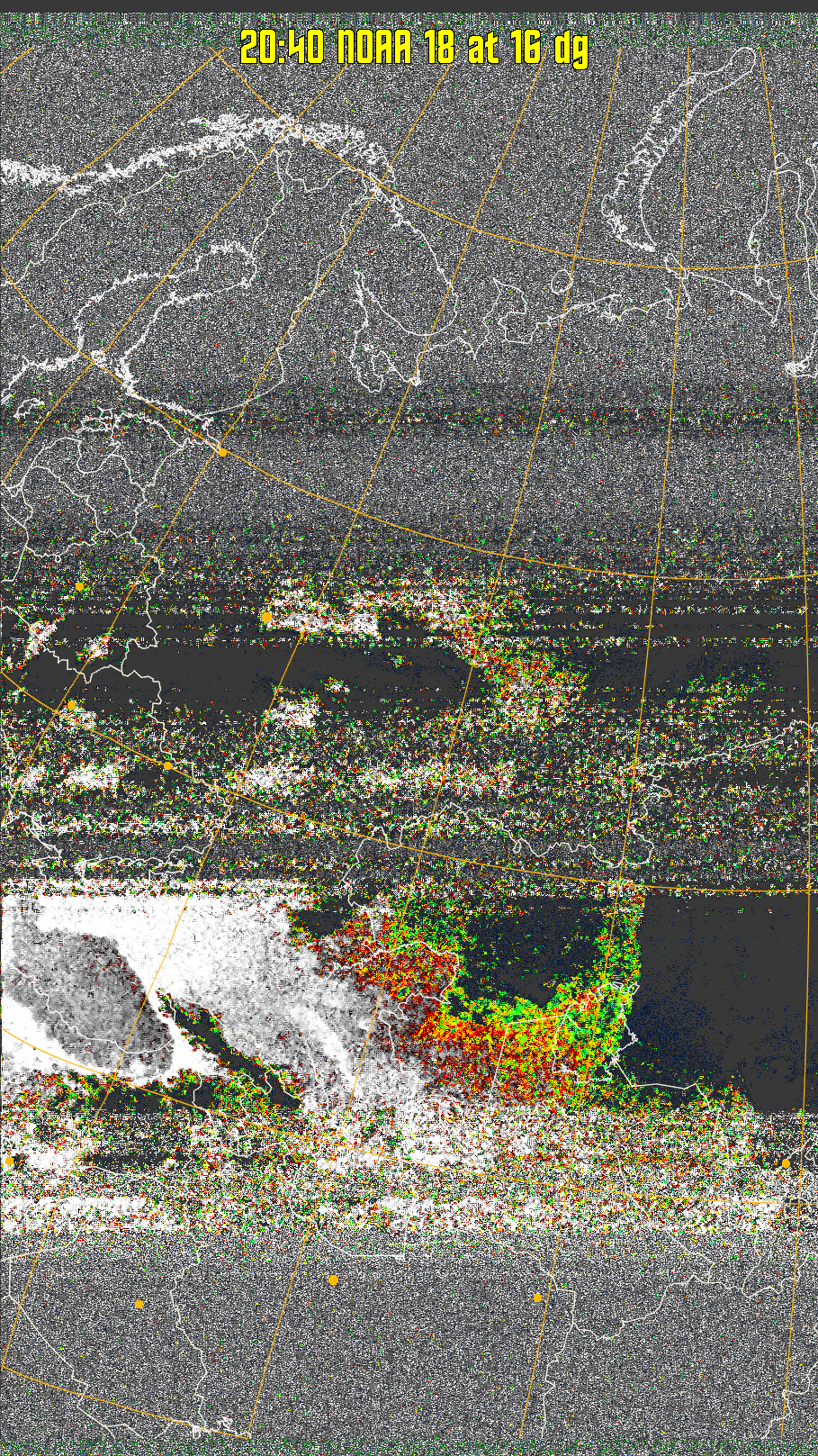 MSA-precip:
Same as MSA multispectral analysis, but high cold cloud tops are coloured the
same as the NO enhancement to give an approximate indication of the probability
and intensity of precipitation.