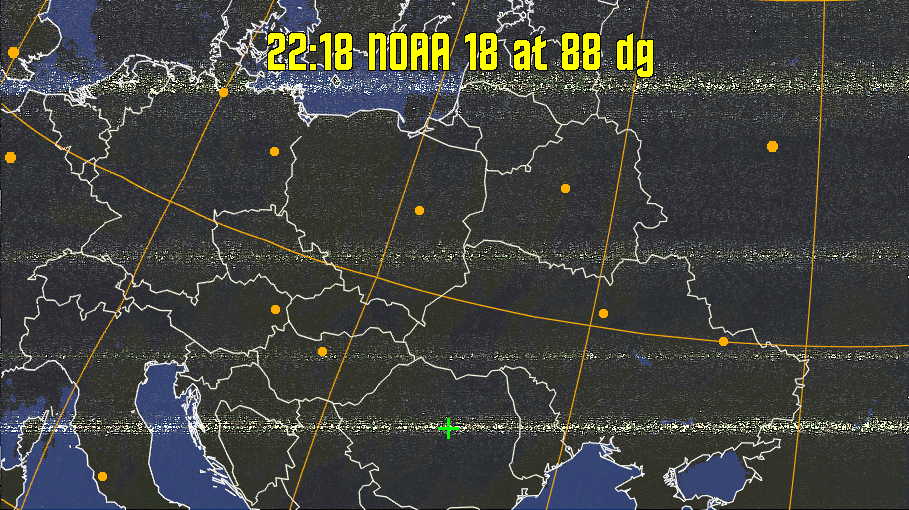 HVCT:
Similar to HVC, but with blue water and with colours more indicative of
land temperatures.
HVC:
Creates a false colour image from NOAA APT images based on temperature using
the HVC colour model. Uses the temperature derived from the sensor 4 image to
select the hue and the brightness from the histogram equalised other image to
select the value and chroma. The HVC colour model attempts to ensure that different colours at the same value will appear to the eye to be the same brightness
and the spacing between colours representing each degree will appear to the eye to
be similar. Bright areas are completely unsaturated in this model.