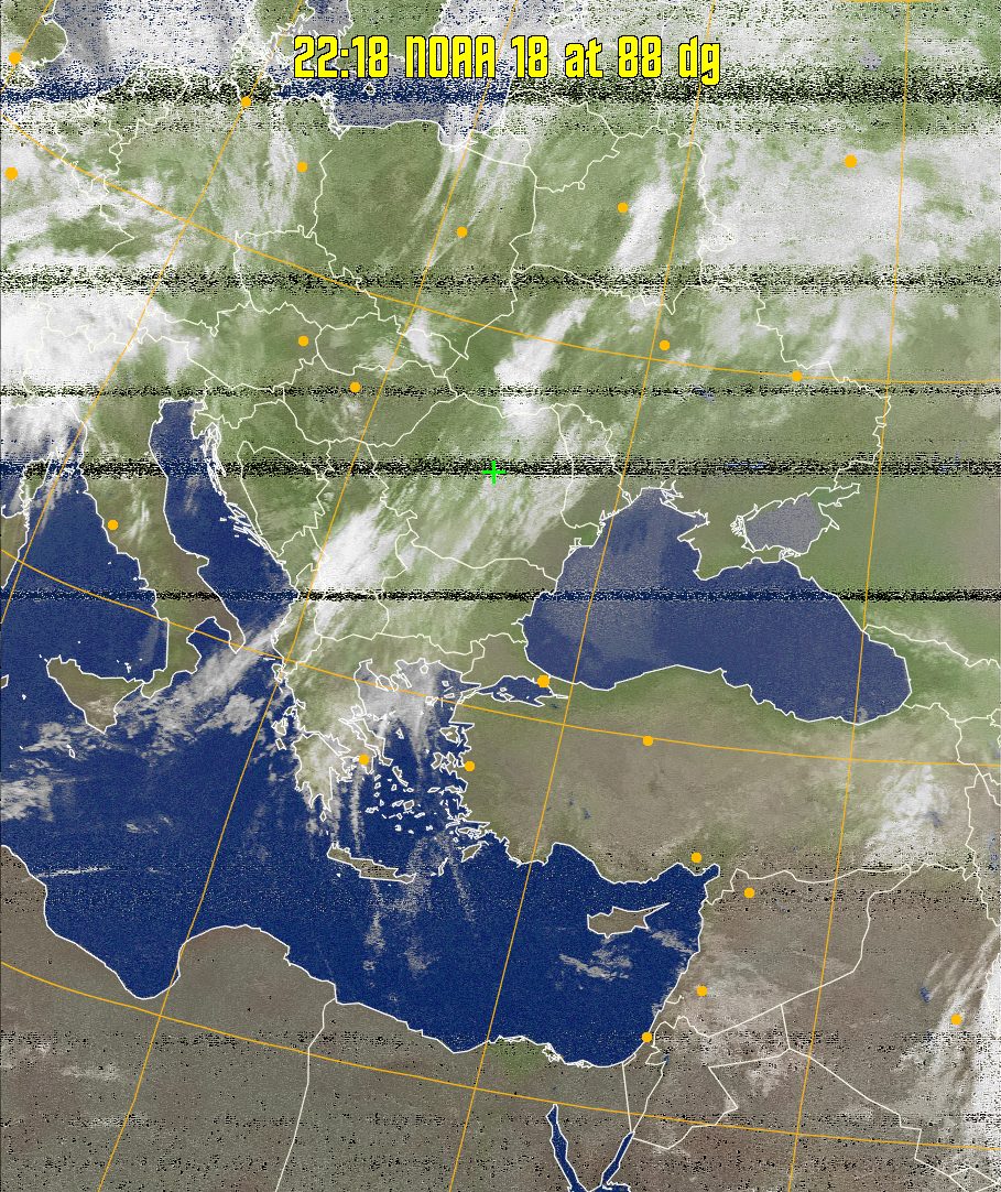 MCIR-precip: 
Colours the NOAA sensor 4 IR image using a map to colour the sea blue and land
green. High clouds appear white, lower clouds gray or land/sea coloured, clouds
generally appear lighter, but distinguishing between land/sea and low cloud may
be difficult. Darker colours indicate warmer regions.