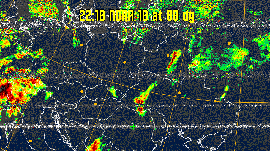 MSA-precip:
Same as MSA multispectral analysis, but high cold cloud tops are coloured the
same as the NO enhancement to give an approximate indication of the probability
and intensity of precipitation.