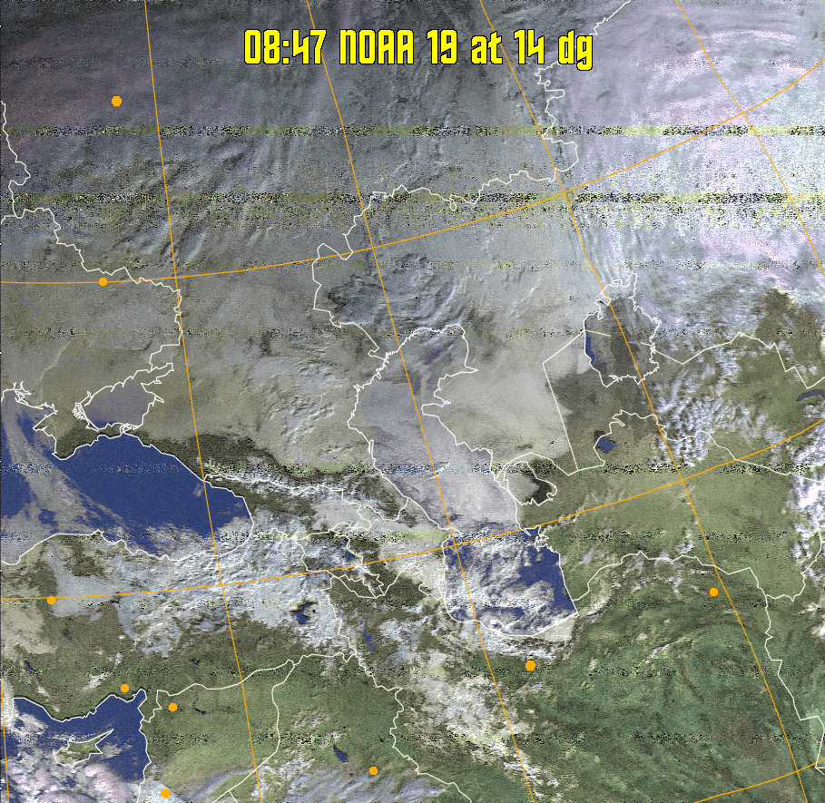 HVCT:
Similar to HVC, but with blue water and with colours more indicative of
land temperatures.
HVC:
Creates a false colour image from NOAA APT images based on temperature using
the HVC colour model. Uses the temperature derived from the sensor 4 image to
select the hue and the brightness from the histogram equalised other image to
select the value and chroma. The HVC colour model attempts to ensure that different colours at the same value will appear to the eye to be the same brightness
and the spacing between colours representing each degree will appear to the eye to
be similar. Bright areas are completely unsaturated in this model.