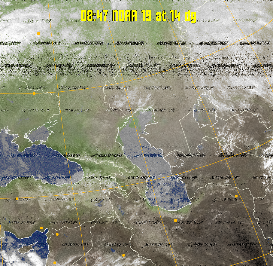 MCIR-precip: 
Colours the NOAA sensor 4 IR image using a map to colour the sea blue and land
green. High clouds appear white, lower clouds gray or land/sea coloured, clouds
generally appear lighter, but distinguishing between land/sea and low cloud may
be difficult. Darker colours indicate warmer regions.