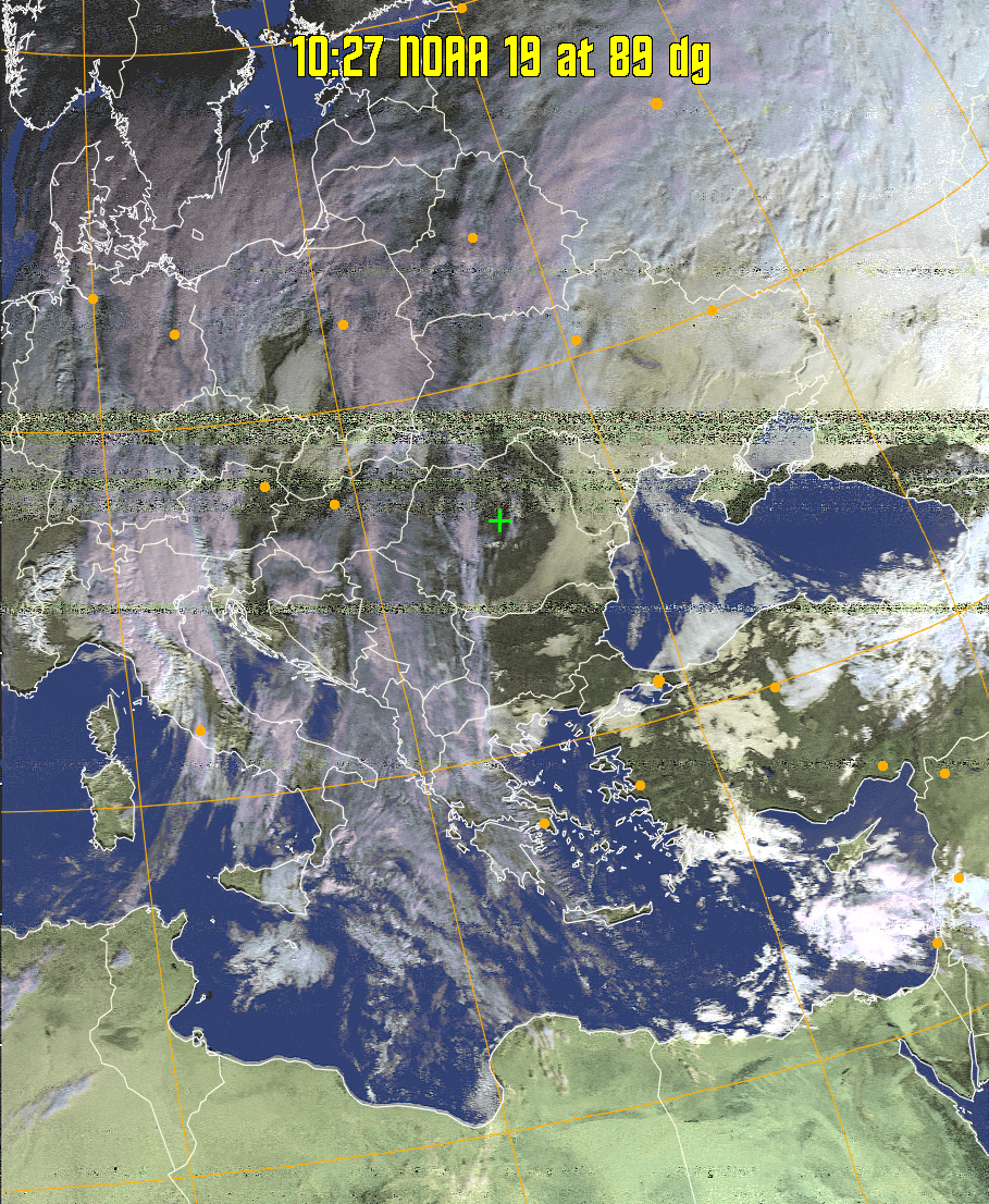 HVCT:
Similar to HVC, but with blue water and with colours more indicative of
land temperatures.
HVC:
Creates a false colour image from NOAA APT images based on temperature using
the HVC colour model. Uses the temperature derived from the sensor 4 image to
select the hue and the brightness from the histogram equalised other image to
select the value and chroma. The HVC colour model attempts to ensure that different colours at the same value will appear to the eye to be the same brightness
and the spacing between colours representing each degree will appear to the eye to
be similar. Bright areas are completely unsaturated in this model.