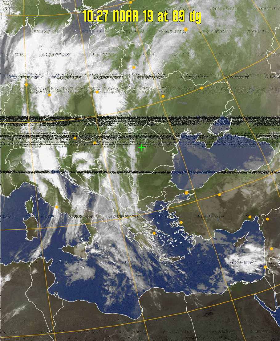 MCIR-precip: 
Colours the NOAA sensor 4 IR image using a map to colour the sea blue and land
green. High clouds appear white, lower clouds gray or land/sea coloured, clouds
generally appear lighter, but distinguishing between land/sea and low cloud may
be difficult. Darker colours indicate warmer regions.