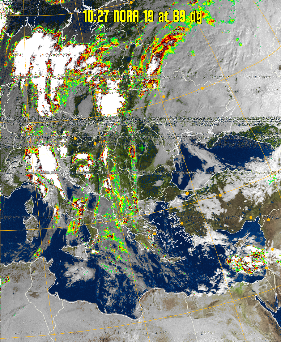 MSA-precip:
Same as MSA multispectral analysis, but high cold cloud tops are coloured the
same as the NO enhancement to give an approximate indication of the probability
and intensity of precipitation.