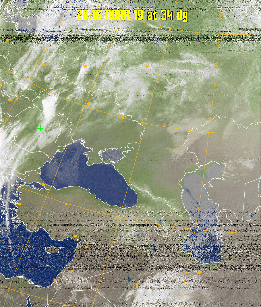 MCIR-precip: 
Colours the NOAA sensor 4 IR image using a map to colour the sea blue and land
green. High clouds appear white, lower clouds gray or land/sea coloured, clouds
generally appear lighter, but distinguishing between land/sea and low cloud may
be difficult. Darker colours indicate warmer regions.