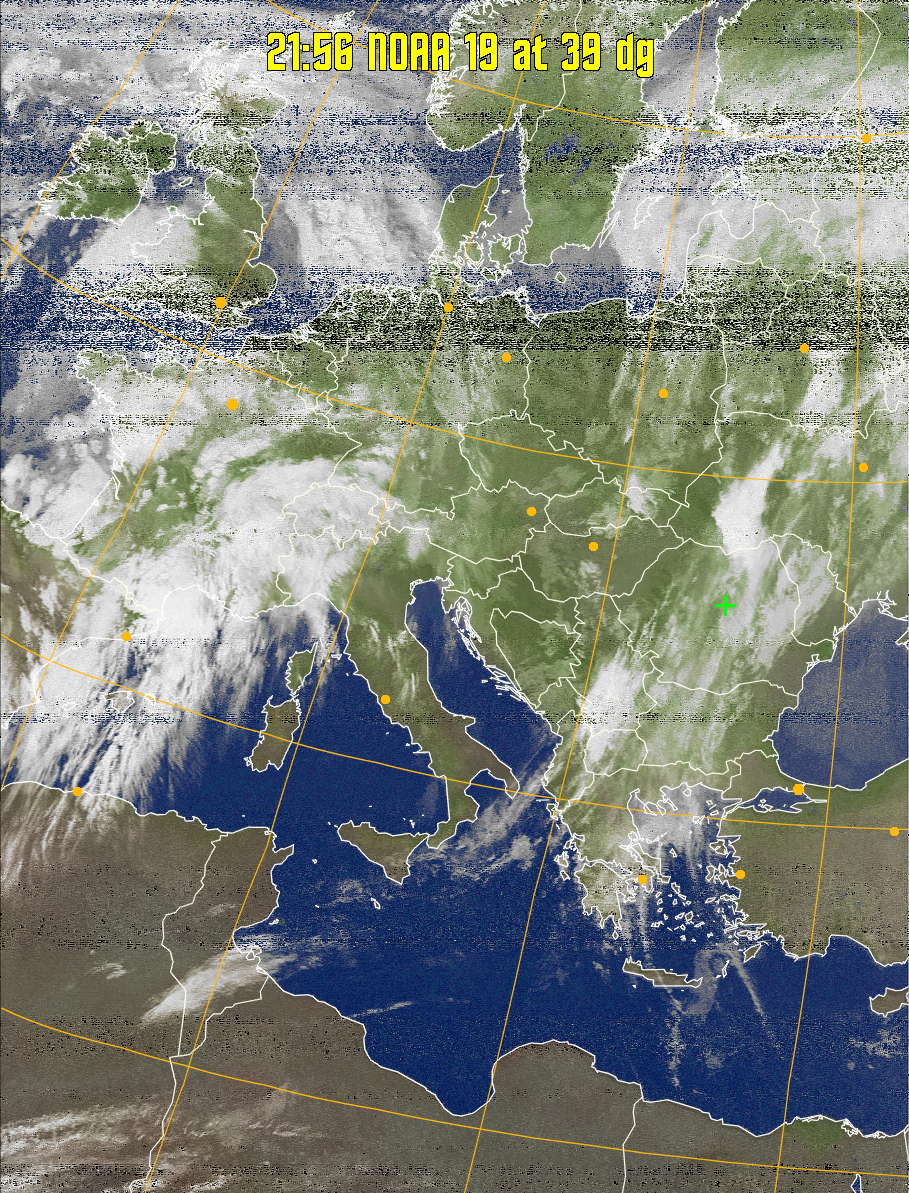 MCIR-precip: 
Colours the NOAA sensor 4 IR image using a map to colour the sea blue and land
green. High clouds appear white, lower clouds gray or land/sea coloured, clouds
generally appear lighter, but distinguishing between land/sea and low cloud may
be difficult. Darker colours indicate warmer regions.