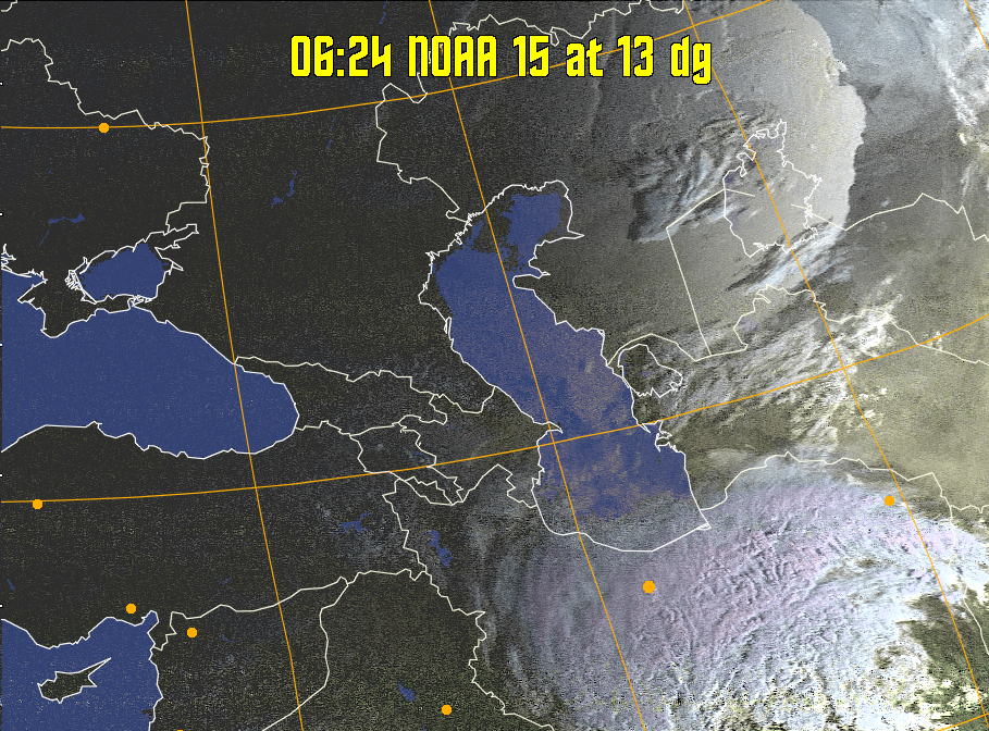 HVCT:
Similar to HVC, but with blue water and with colours more indicative of
land temperatures.
HVC:
Creates a false colour image from NOAA APT images based on temperature using
the HVC colour model. Uses the temperature derived from the sensor 4 image to
select the hue and the brightness from the histogram equalised other image to
select the value and chroma. The HVC colour model attempts to ensure that different colours at the same value will appear to the eye to be the same brightness
and the spacing between colours representing each degree will appear to the eye to
be similar. Bright areas are completely unsaturated in this model.