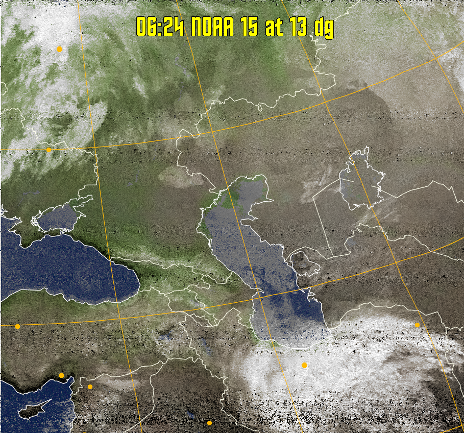 MCIR-precip: 
Colours the NOAA sensor 4 IR image using a map to colour the sea blue and land
green. High clouds appear white, lower clouds gray or land/sea coloured, clouds
generally appear lighter, but distinguishing between land/sea and low cloud may
be difficult. Darker colours indicate warmer regions.