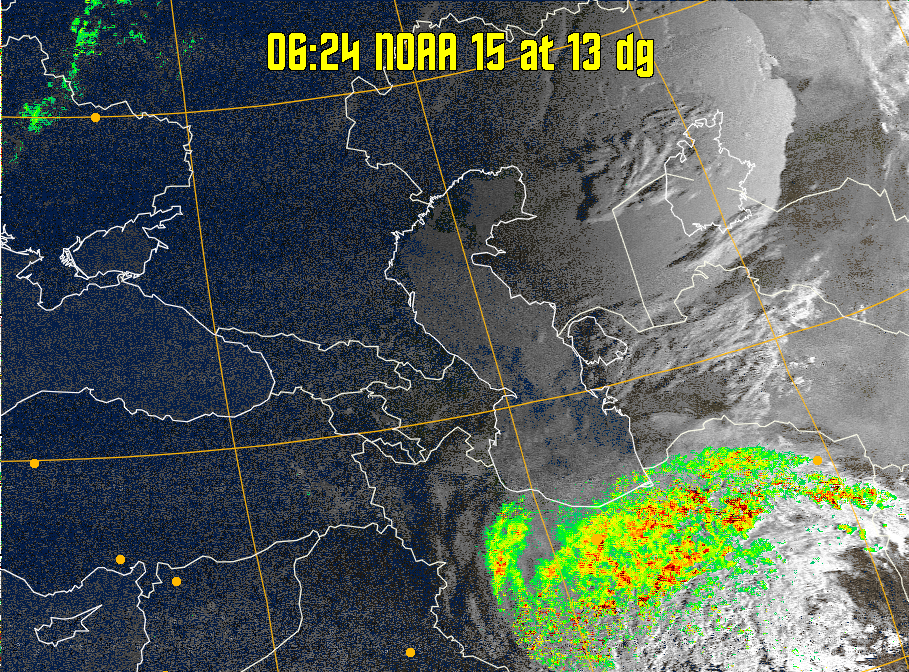 MSA-precip:
Same as MSA multispectral analysis, but high cold cloud tops are coloured the
same as the NO enhancement to give an approximate indication of the probability
and intensity of precipitation.