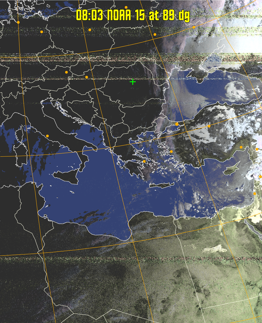 HVCT:
Similar to HVC, but with blue water and with colours more indicative of
land temperatures.
HVC:
Creates a false colour image from NOAA APT images based on temperature using
the HVC colour model. Uses the temperature derived from the sensor 4 image to
select the hue and the brightness from the histogram equalised other image to
select the value and chroma. The HVC colour model attempts to ensure that different colours at the same value will appear to the eye to be the same brightness
and the spacing between colours representing each degree will appear to the eye to
be similar. Bright areas are completely unsaturated in this model.