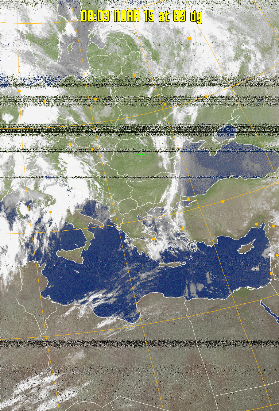 MCIR-precip: 
Colours the NOAA sensor 4 IR image using a map to colour the sea blue and land
green. High clouds appear white, lower clouds gray or land/sea coloured, clouds
generally appear lighter, but distinguishing between land/sea and low cloud may
be difficult. Darker colours indicate warmer regions.