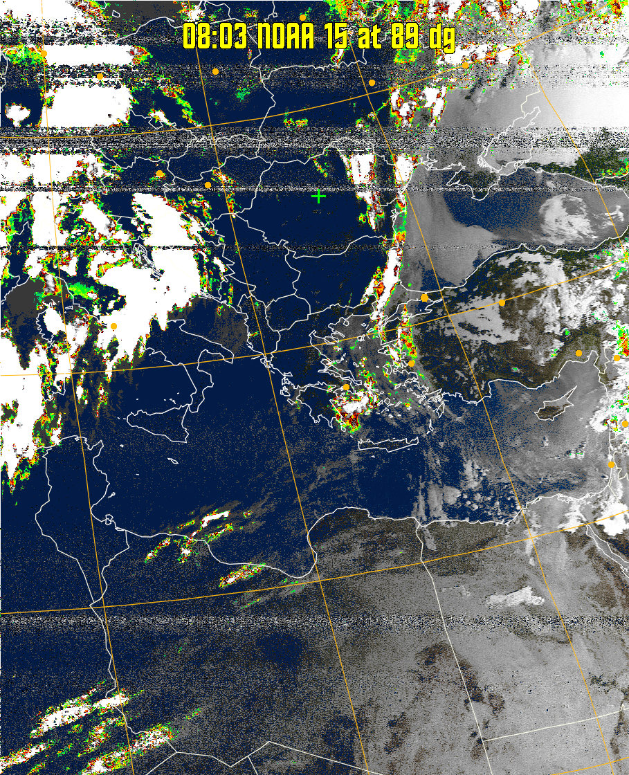 MSA-precip:
Same as MSA multispectral analysis, but high cold cloud tops are coloured the
same as the NO enhancement to give an approximate indication of the probability
and intensity of precipitation.