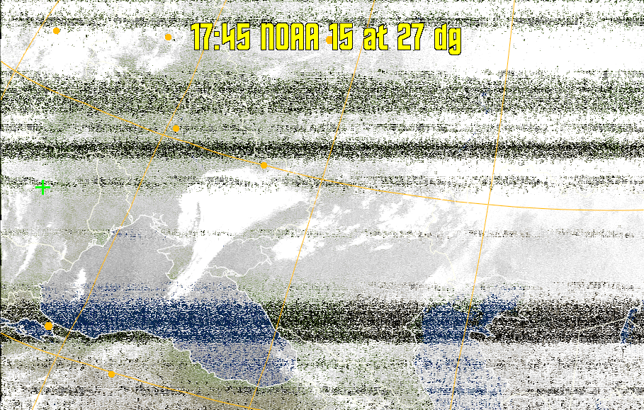 MCIR-precip: 
Colours the NOAA sensor 4 IR image using a map to colour the sea blue and land
green. High clouds appear white, lower clouds gray or land/sea coloured, clouds
generally appear lighter, but distinguishing between land/sea and low cloud may
be difficult. Darker colours indicate warmer regions.