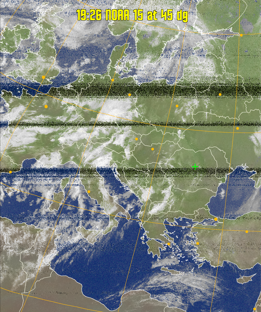 MCIR-precip: 
Colours the NOAA sensor 4 IR image using a map to colour the sea blue and land
green. High clouds appear white, lower clouds gray or land/sea coloured, clouds
generally appear lighter, but distinguishing between land/sea and low cloud may
be difficult. Darker colours indicate warmer regions.