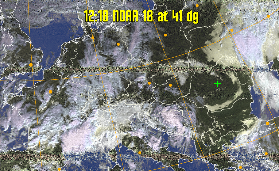 HVCT:
Similar to HVC, but with blue water and with colours more indicative of
land temperatures.
HVC:
Creates a false colour image from NOAA APT images based on temperature using
the HVC colour model. Uses the temperature derived from the sensor 4 image to
select the hue and the brightness from the histogram equalised other image to
select the value and chroma. The HVC colour model attempts to ensure that different colours at the same value will appear to the eye to be the same brightness
and the spacing between colours representing each degree will appear to the eye to
be similar. Bright areas are completely unsaturated in this model.