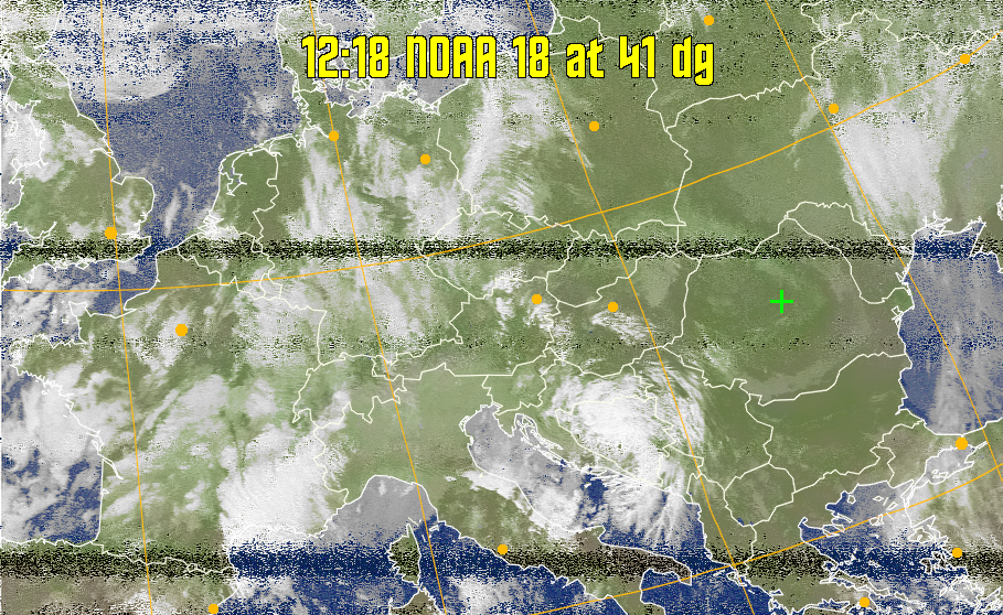 MCIR-precip: 
Colours the NOAA sensor 4 IR image using a map to colour the sea blue and land
green. High clouds appear white, lower clouds gray or land/sea coloured, clouds
generally appear lighter, but distinguishing between land/sea and low cloud may
be difficult. Darker colours indicate warmer regions.