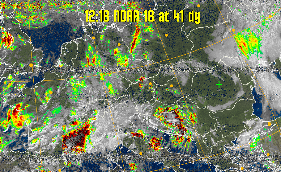 MSA-precip:
Same as MSA multispectral analysis, but high cold cloud tops are coloured the
same as the NO enhancement to give an approximate indication of the probability
and intensity of precipitation.