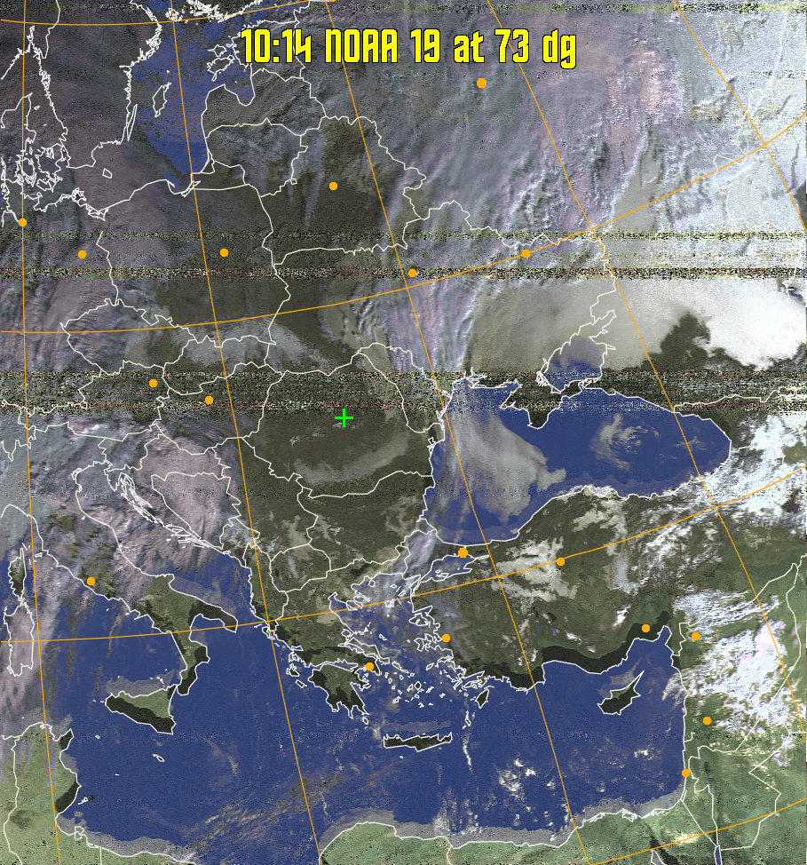 HVCT:
Similar to HVC, but with blue water and with colours more indicative of
land temperatures.
HVC:
Creates a false colour image from NOAA APT images based on temperature using
the HVC colour model. Uses the temperature derived from the sensor 4 image to
select the hue and the brightness from the histogram equalised other image to
select the value and chroma. The HVC colour model attempts to ensure that different colours at the same value will appear to the eye to be the same brightness
and the spacing between colours representing each degree will appear to the eye to
be similar. Bright areas are completely unsaturated in this model.