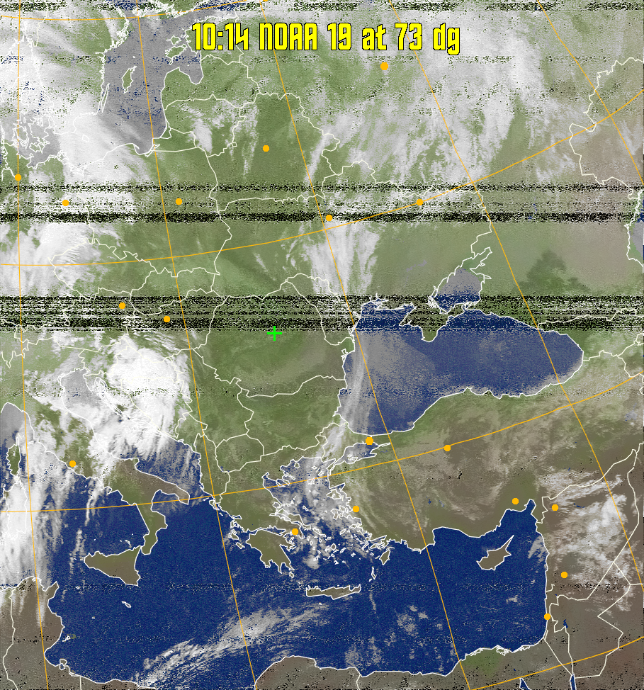 MCIR-precip: 
Colours the NOAA sensor 4 IR image using a map to colour the sea blue and land
green. High clouds appear white, lower clouds gray or land/sea coloured, clouds
generally appear lighter, but distinguishing between land/sea and low cloud may
be difficult. Darker colours indicate warmer regions.