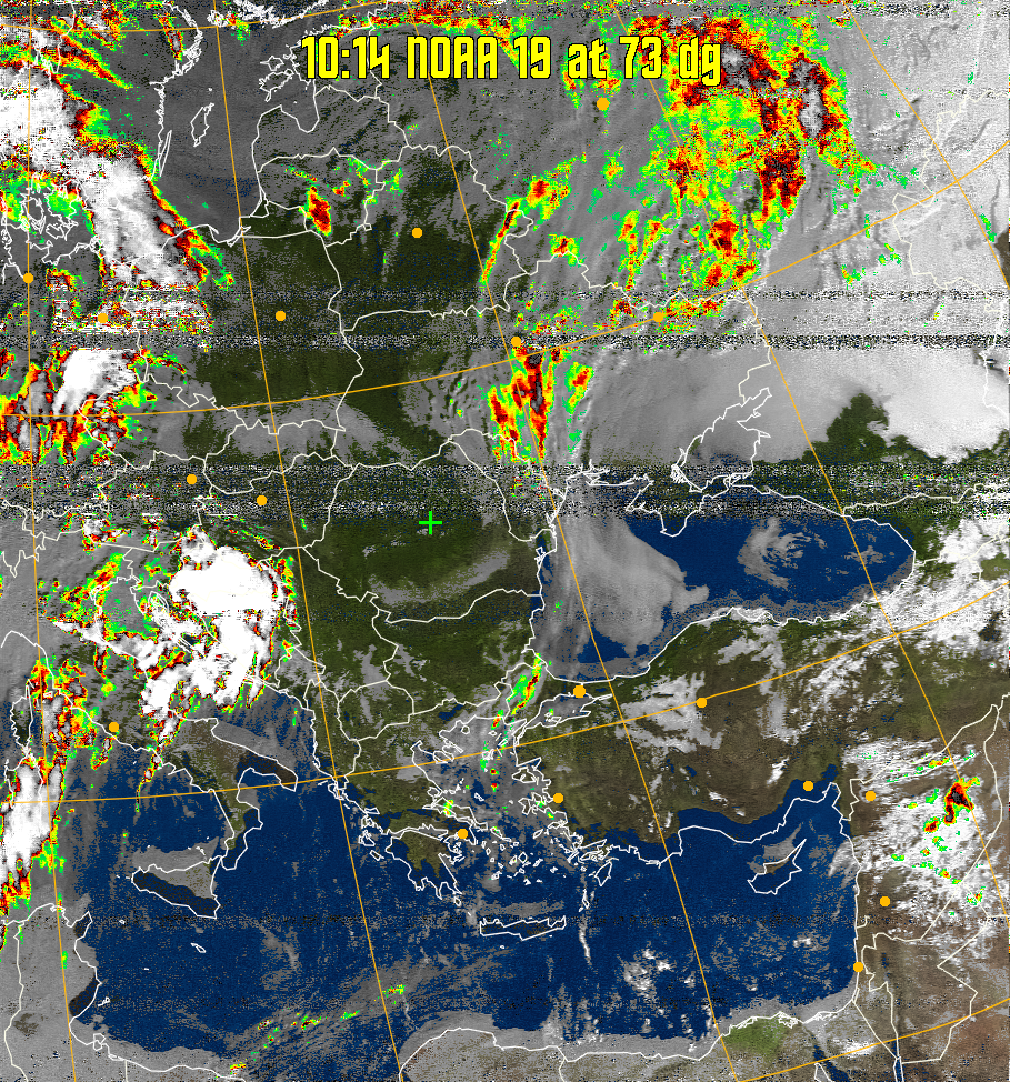 MSA-precip:
Same as MSA multispectral analysis, but high cold cloud tops are coloured the
same as the NO enhancement to give an approximate indication of the probability
and intensity of precipitation.