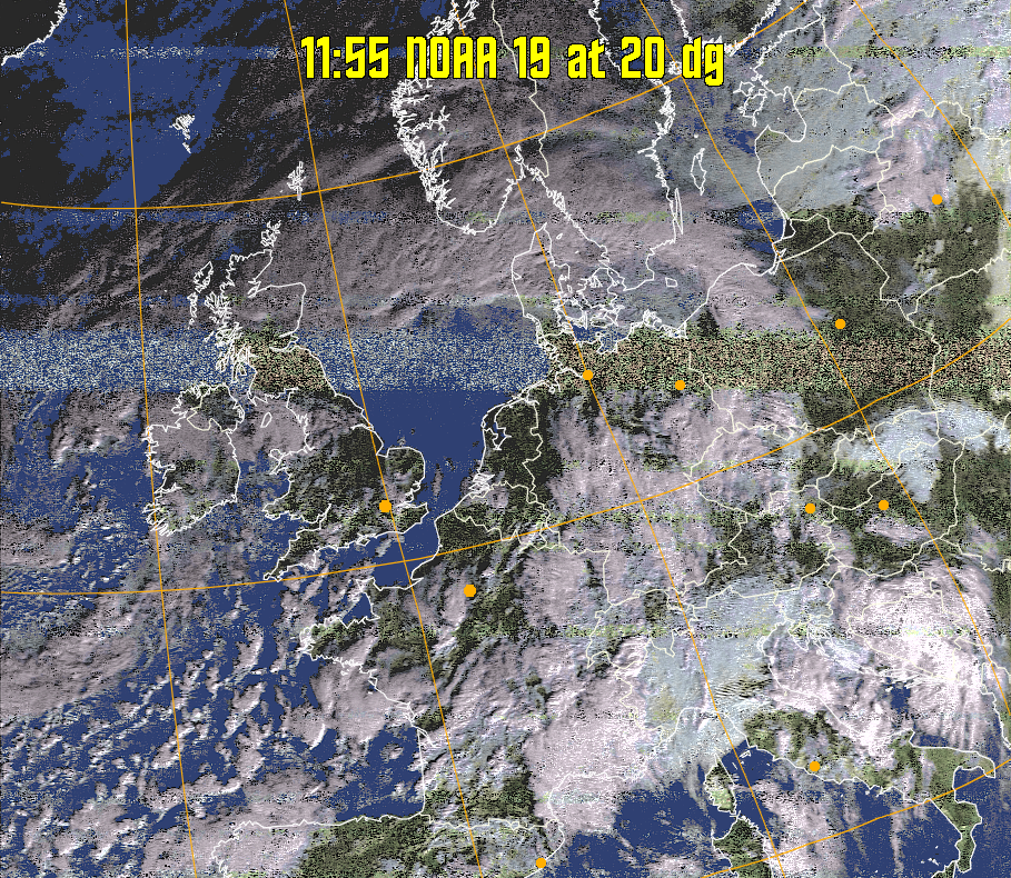 HVCT:
Similar to HVC, but with blue water and with colours more indicative of
land temperatures.
HVC:
Creates a false colour image from NOAA APT images based on temperature using
the HVC colour model. Uses the temperature derived from the sensor 4 image to
select the hue and the brightness from the histogram equalised other image to
select the value and chroma. The HVC colour model attempts to ensure that different colours at the same value will appear to the eye to be the same brightness
and the spacing between colours representing each degree will appear to the eye to
be similar. Bright areas are completely unsaturated in this model.