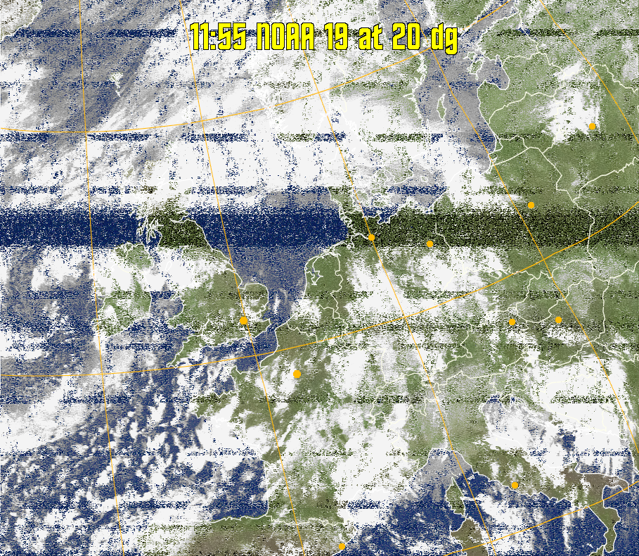 MCIR-precip: 
Colours the NOAA sensor 4 IR image using a map to colour the sea blue and land
green. High clouds appear white, lower clouds gray or land/sea coloured, clouds
generally appear lighter, but distinguishing between land/sea and low cloud may
be difficult. Darker colours indicate warmer regions.