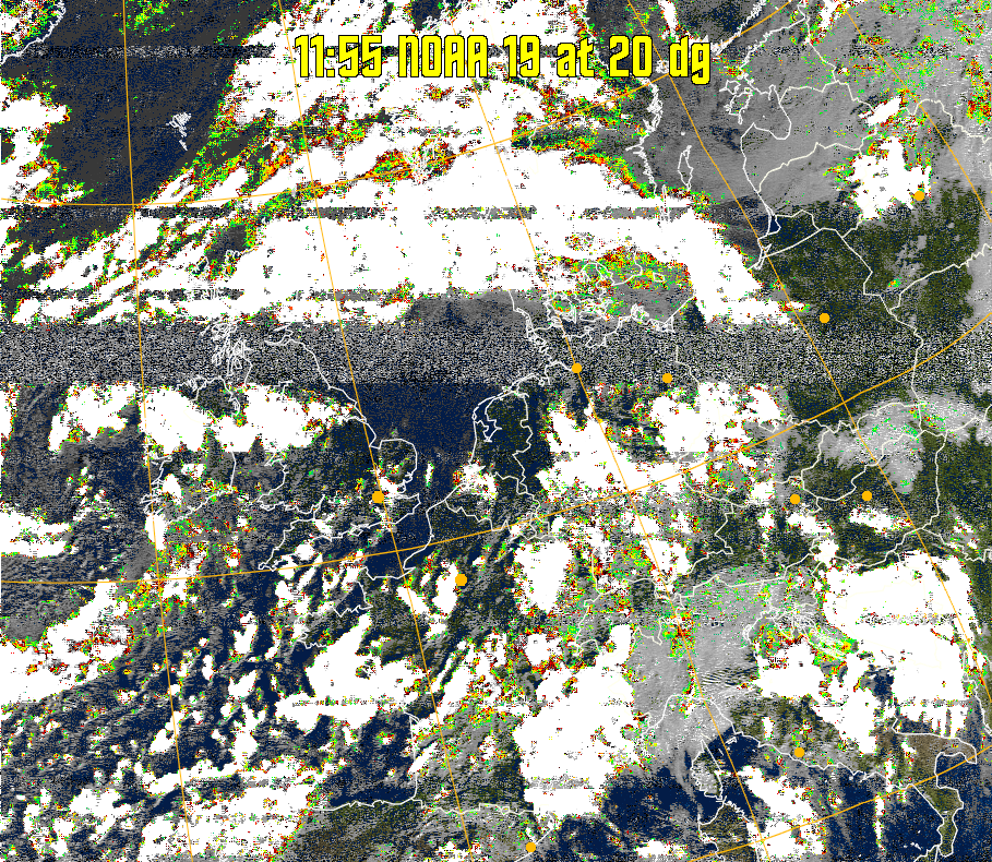 MSA-precip:
Same as MSA multispectral analysis, but high cold cloud tops are coloured the
same as the NO enhancement to give an approximate indication of the probability
and intensity of precipitation.