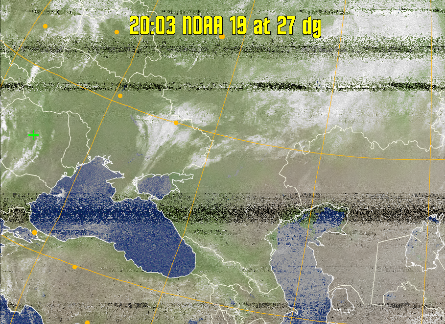 MCIR-precip: 
Colours the NOAA sensor 4 IR image using a map to colour the sea blue and land
green. High clouds appear white, lower clouds gray or land/sea coloured, clouds
generally appear lighter, but distinguishing between land/sea and low cloud may
be difficult. Darker colours indicate warmer regions.