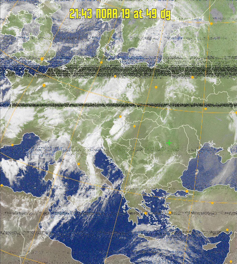 MCIR-precip: 
Colours the NOAA sensor 4 IR image using a map to colour the sea blue and land
green. High clouds appear white, lower clouds gray or land/sea coloured, clouds
generally appear lighter, but distinguishing between land/sea and low cloud may
be difficult. Darker colours indicate warmer regions.