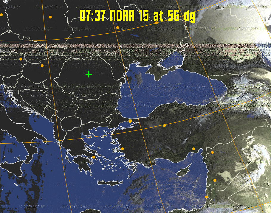 HVCT:
Similar to HVC, but with blue water and with colours more indicative of
land temperatures.
HVC:
Creates a false colour image from NOAA APT images based on temperature using
the HVC colour model. Uses the temperature derived from the sensor 4 image to
select the hue and the brightness from the histogram equalised other image to
select the value and chroma. The HVC colour model attempts to ensure that different colours at the same value will appear to the eye to be the same brightness
and the spacing between colours representing each degree will appear to the eye to
be similar. Bright areas are completely unsaturated in this model.