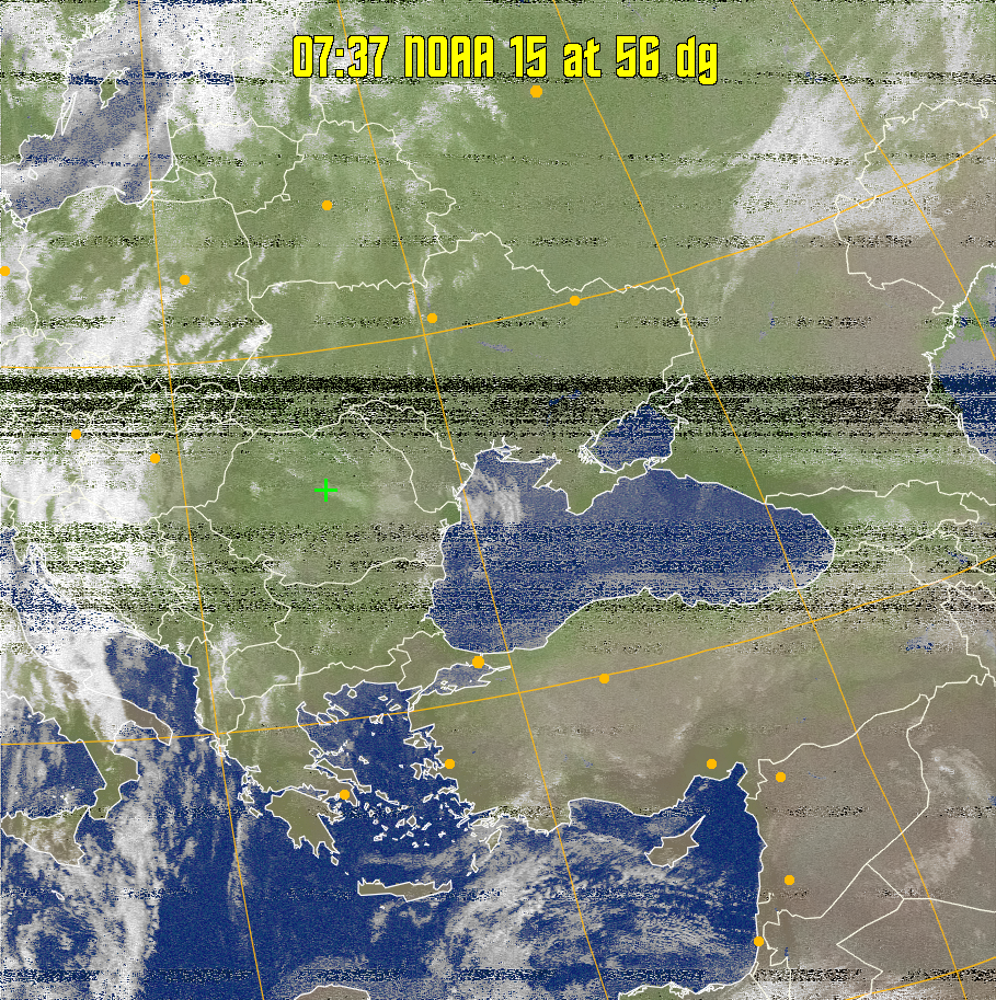 MCIR-precip: 
Colours the NOAA sensor 4 IR image using a map to colour the sea blue and land
green. High clouds appear white, lower clouds gray or land/sea coloured, clouds
generally appear lighter, but distinguishing between land/sea and low cloud may
be difficult. Darker colours indicate warmer regions.