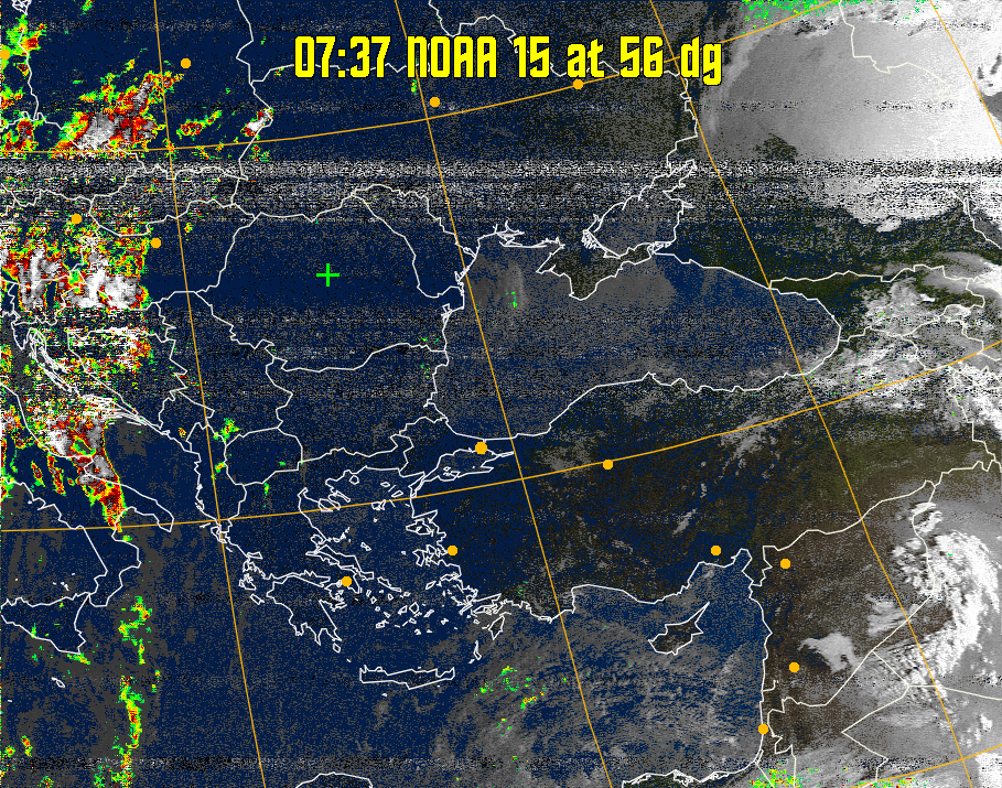 MSA-precip:
Same as MSA multispectral analysis, but high cold cloud tops are coloured the
same as the NO enhancement to give an approximate indication of the probability
and intensity of precipitation.