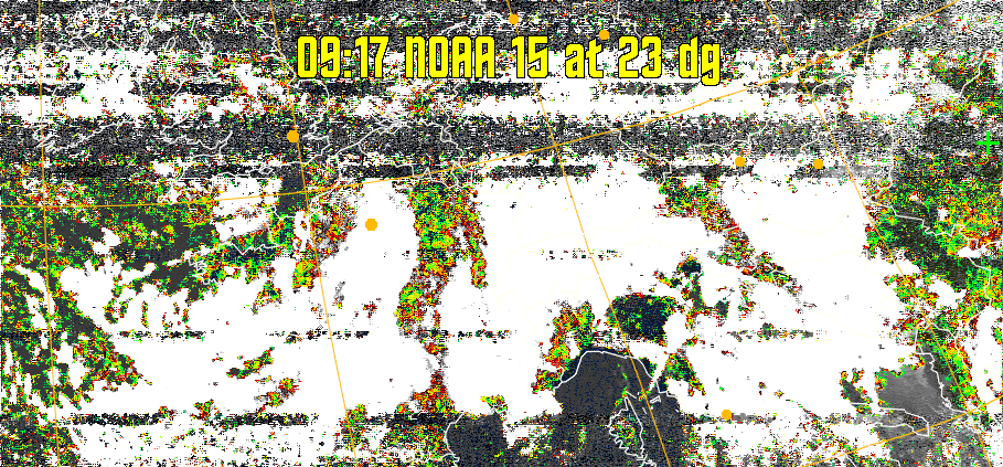 MSA-precip:
Same as MSA multispectral analysis, but high cold cloud tops are coloured the
same as the NO enhancement to give an approximate indication of the probability
and intensity of precipitation.