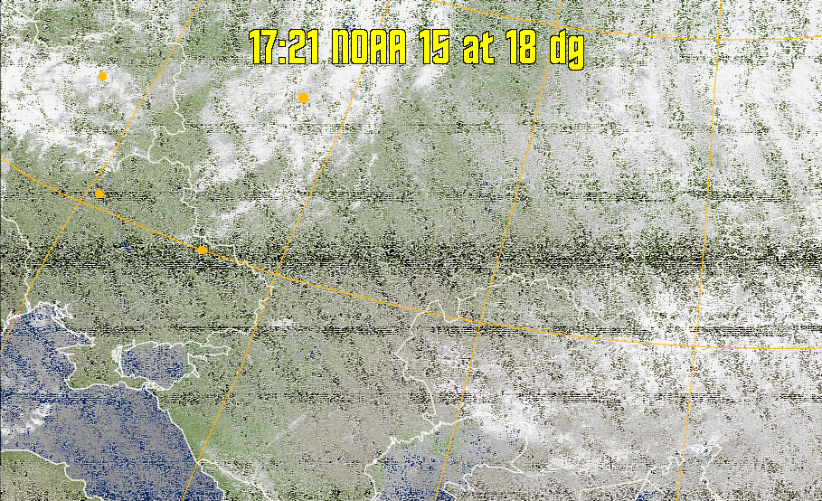 MCIR-precip: 
Colours the NOAA sensor 4 IR image using a map to colour the sea blue and land
green. High clouds appear white, lower clouds gray or land/sea coloured, clouds
generally appear lighter, but distinguishing between land/sea and low cloud may
be difficult. Darker colours indicate warmer regions.