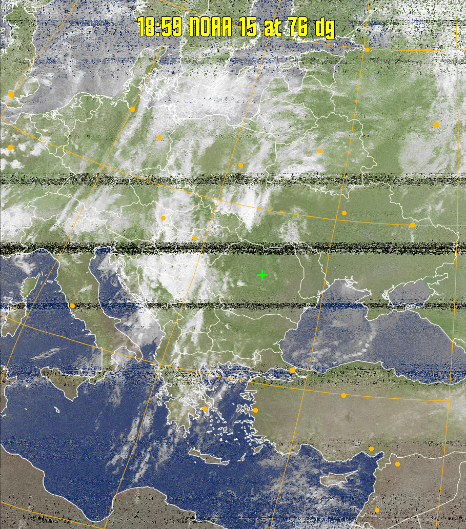 MCIR-precip: 
Colours the NOAA sensor 4 IR image using a map to colour the sea blue and land
green. High clouds appear white, lower clouds gray or land/sea coloured, clouds
generally appear lighter, but distinguishing between land/sea and low cloud may
be difficult. Darker colours indicate warmer regions.