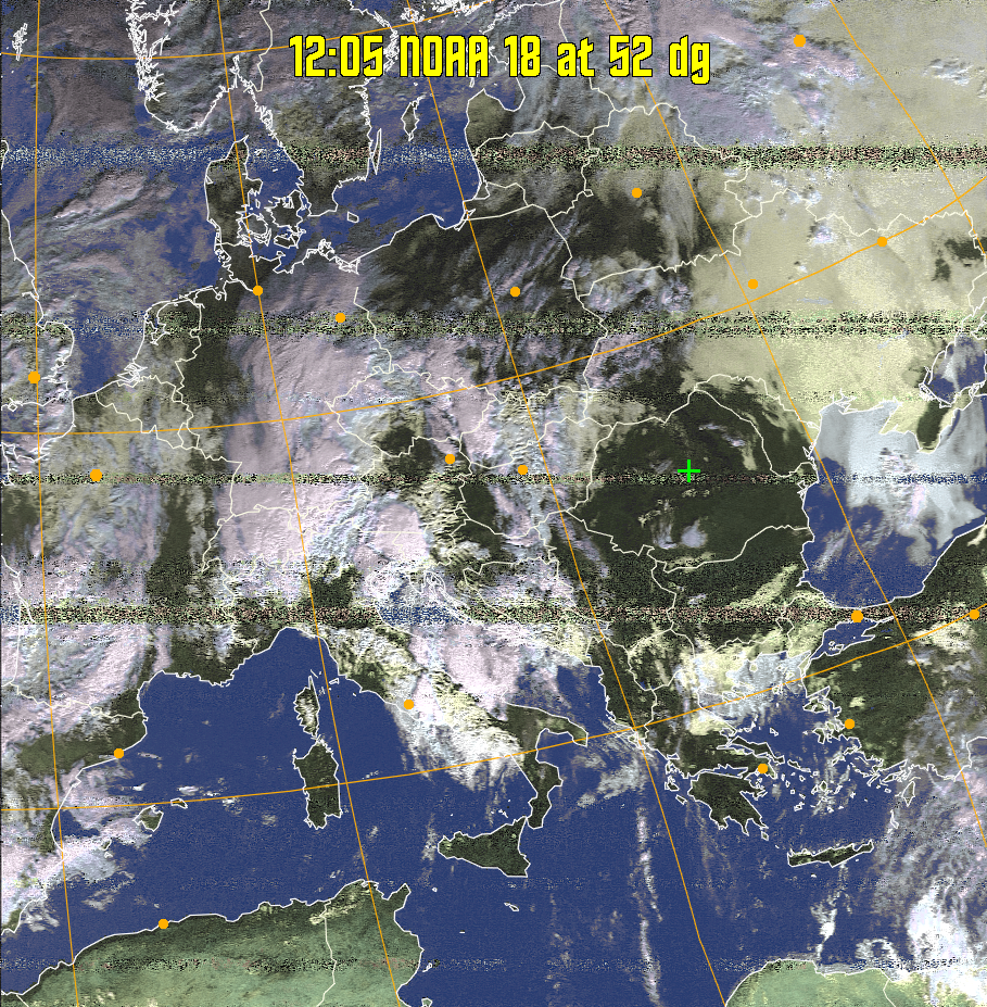 HVCT:
Similar to HVC, but with blue water and with colours more indicative of
land temperatures.
HVC:
Creates a false colour image from NOAA APT images based on temperature using
the HVC colour model. Uses the temperature derived from the sensor 4 image to
select the hue and the brightness from the histogram equalised other image to
select the value and chroma. The HVC colour model attempts to ensure that different colours at the same value will appear to the eye to be the same brightness
and the spacing between colours representing each degree will appear to the eye to
be similar. Bright areas are completely unsaturated in this model.