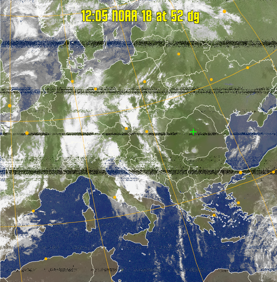 MCIR-precip: 
Colours the NOAA sensor 4 IR image using a map to colour the sea blue and land
green. High clouds appear white, lower clouds gray or land/sea coloured, clouds
generally appear lighter, but distinguishing between land/sea and low cloud may
be difficult. Darker colours indicate warmer regions.