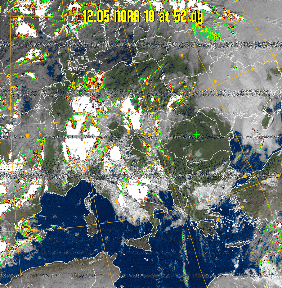 MSA-precip:
Same as MSA multispectral analysis, but high cold cloud tops are coloured the
same as the NO enhancement to give an approximate indication of the probability
and intensity of precipitation.