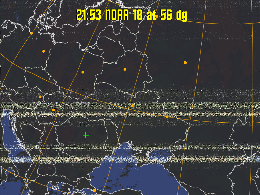 HVCT:
Similar to HVC, but with blue water and with colours more indicative of
land temperatures.
HVC:
Creates a false colour image from NOAA APT images based on temperature using
the HVC colour model. Uses the temperature derived from the sensor 4 image to
select the hue and the brightness from the histogram equalised other image to
select the value and chroma. The HVC colour model attempts to ensure that different colours at the same value will appear to the eye to be the same brightness
and the spacing between colours representing each degree will appear to the eye to
be similar. Bright areas are completely unsaturated in this model.