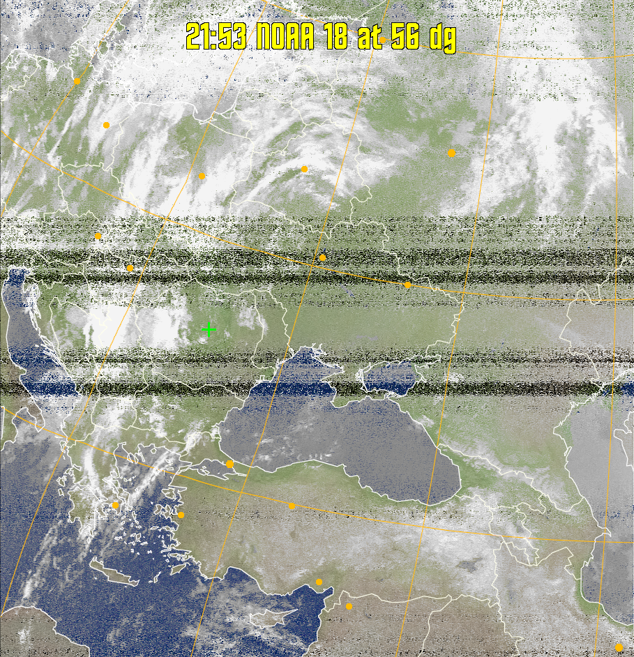 MCIR-precip: 
Colours the NOAA sensor 4 IR image using a map to colour the sea blue and land
green. High clouds appear white, lower clouds gray or land/sea coloured, clouds
generally appear lighter, but distinguishing between land/sea and low cloud may
be difficult. Darker colours indicate warmer regions.