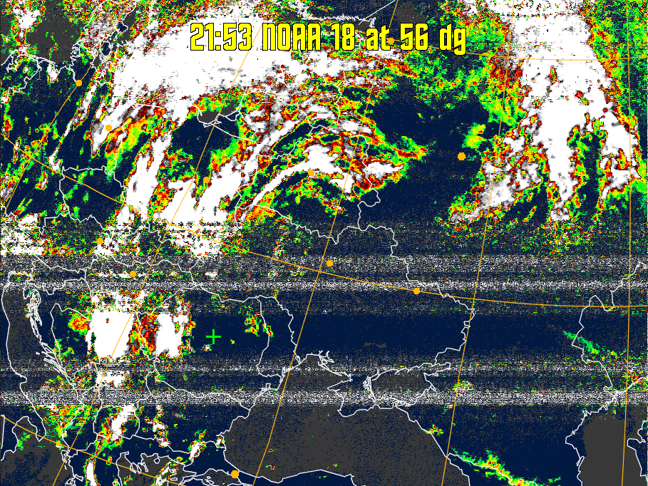 MSA-precip:
Same as MSA multispectral analysis, but high cold cloud tops are coloured the
same as the NO enhancement to give an approximate indication of the probability
and intensity of precipitation.