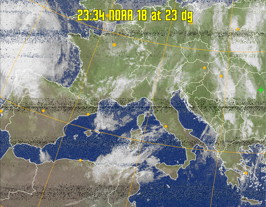 MCIR-precip: 
Colours the NOAA sensor 4 IR image using a map to colour the sea blue and land
green. High clouds appear white, lower clouds gray or land/sea coloured, clouds
generally appear lighter, but distinguishing between land/sea and low cloud may
be difficult. Darker colours indicate warmer regions.