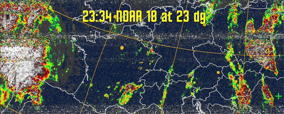 MSA-precip:
Same as MSA multispectral analysis, but high cold cloud tops are coloured the
same as the NO enhancement to give an approximate indication of the probability
and intensity of precipitation.