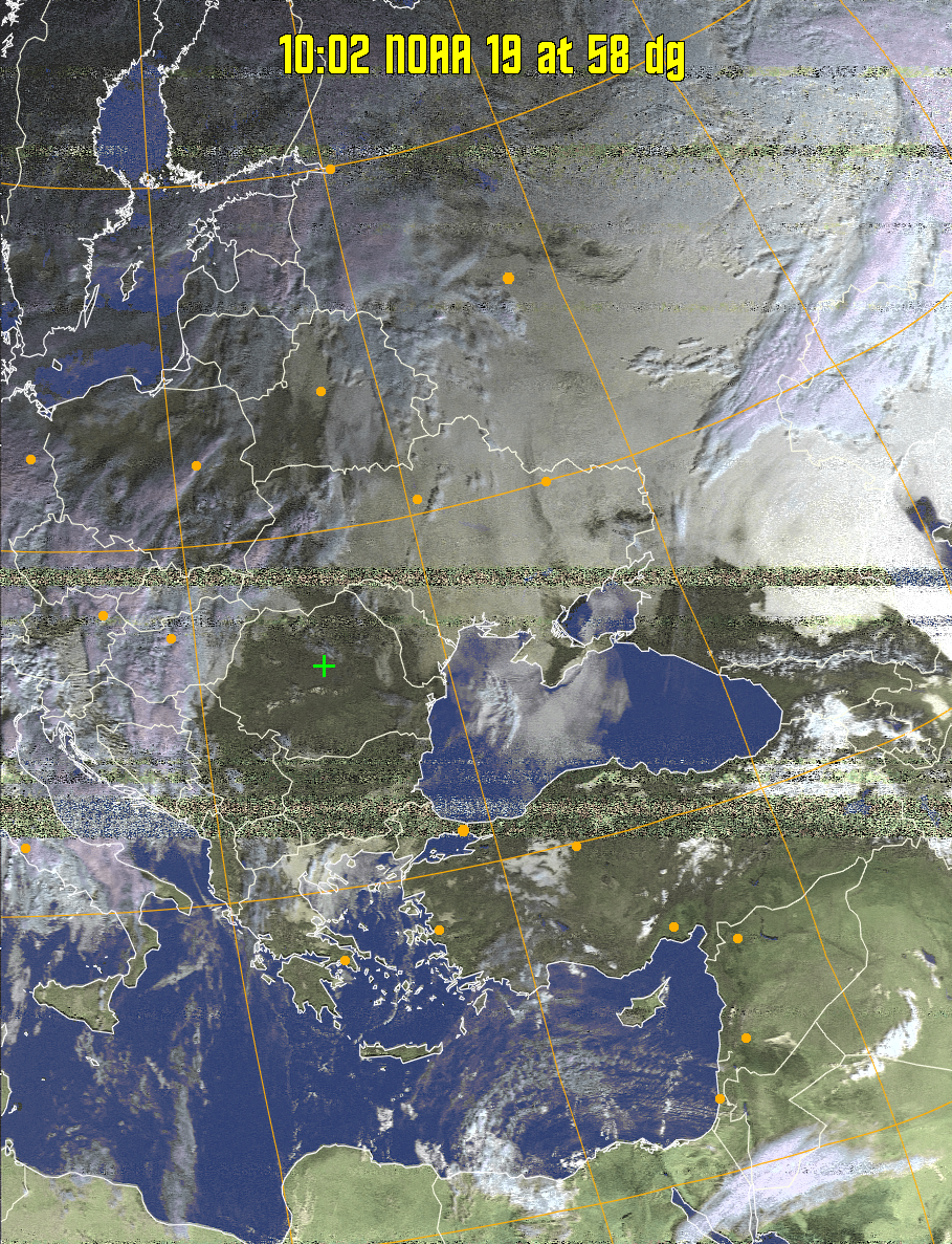 HVCT:
Similar to HVC, but with blue water and with colours more indicative of
land temperatures.
HVC:
Creates a false colour image from NOAA APT images based on temperature using
the HVC colour model. Uses the temperature derived from the sensor 4 image to
select the hue and the brightness from the histogram equalised other image to
select the value and chroma. The HVC colour model attempts to ensure that different colours at the same value will appear to the eye to be the same brightness
and the spacing between colours representing each degree will appear to the eye to
be similar. Bright areas are completely unsaturated in this model.