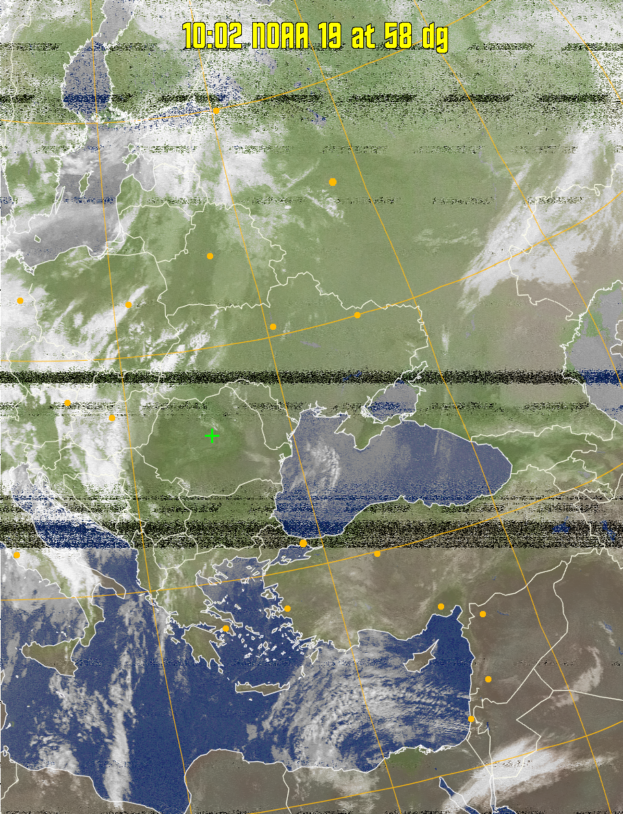 MCIR-precip: 
Colours the NOAA sensor 4 IR image using a map to colour the sea blue and land
green. High clouds appear white, lower clouds gray or land/sea coloured, clouds
generally appear lighter, but distinguishing between land/sea and low cloud may
be difficult. Darker colours indicate warmer regions.