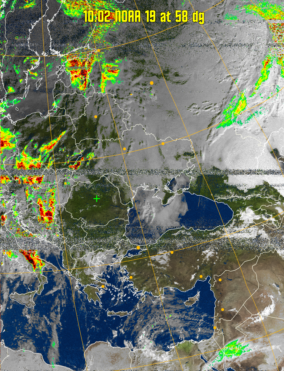 MSA-precip:
Same as MSA multispectral analysis, but high cold cloud tops are coloured the
same as the NO enhancement to give an approximate indication of the probability
and intensity of precipitation.