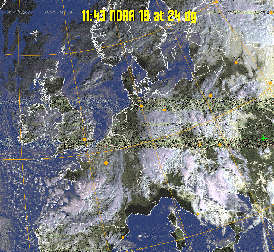 HVCT:
Similar to HVC, but with blue water and with colours more indicative of
land temperatures.
HVC:
Creates a false colour image from NOAA APT images based on temperature using
the HVC colour model. Uses the temperature derived from the sensor 4 image to
select the hue and the brightness from the histogram equalised other image to
select the value and chroma. The HVC colour model attempts to ensure that different colours at the same value will appear to the eye to be the same brightness
and the spacing between colours representing each degree will appear to the eye to
be similar. Bright areas are completely unsaturated in this model.