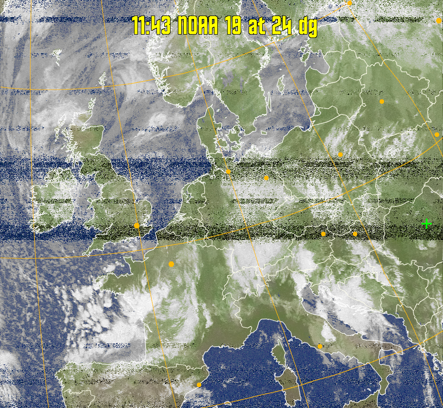 MCIR-precip: 
Colours the NOAA sensor 4 IR image using a map to colour the sea blue and land
green. High clouds appear white, lower clouds gray or land/sea coloured, clouds
generally appear lighter, but distinguishing between land/sea and low cloud may
be difficult. Darker colours indicate warmer regions.