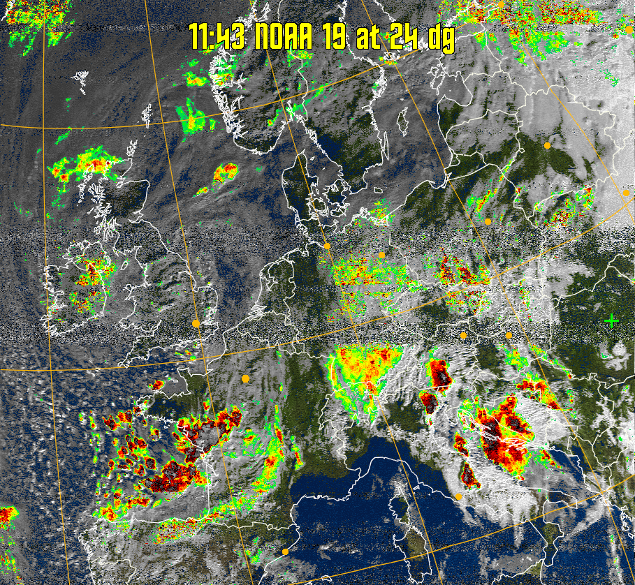 MSA-precip:
Same as MSA multispectral analysis, but high cold cloud tops are coloured the
same as the NO enhancement to give an approximate indication of the probability
and intensity of precipitation.